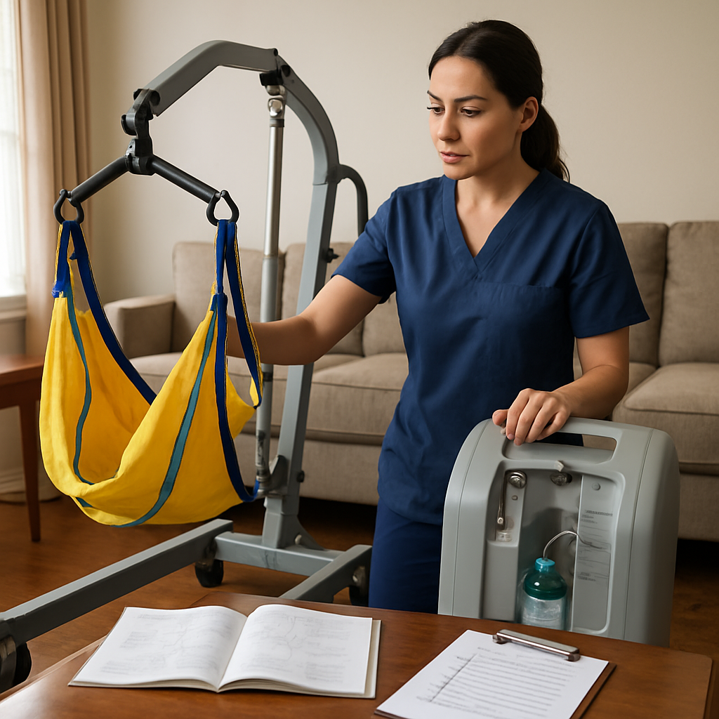 Photo realistic image of a caregiver demonstrating a Hoyer lift and oxygen concentrator operation in