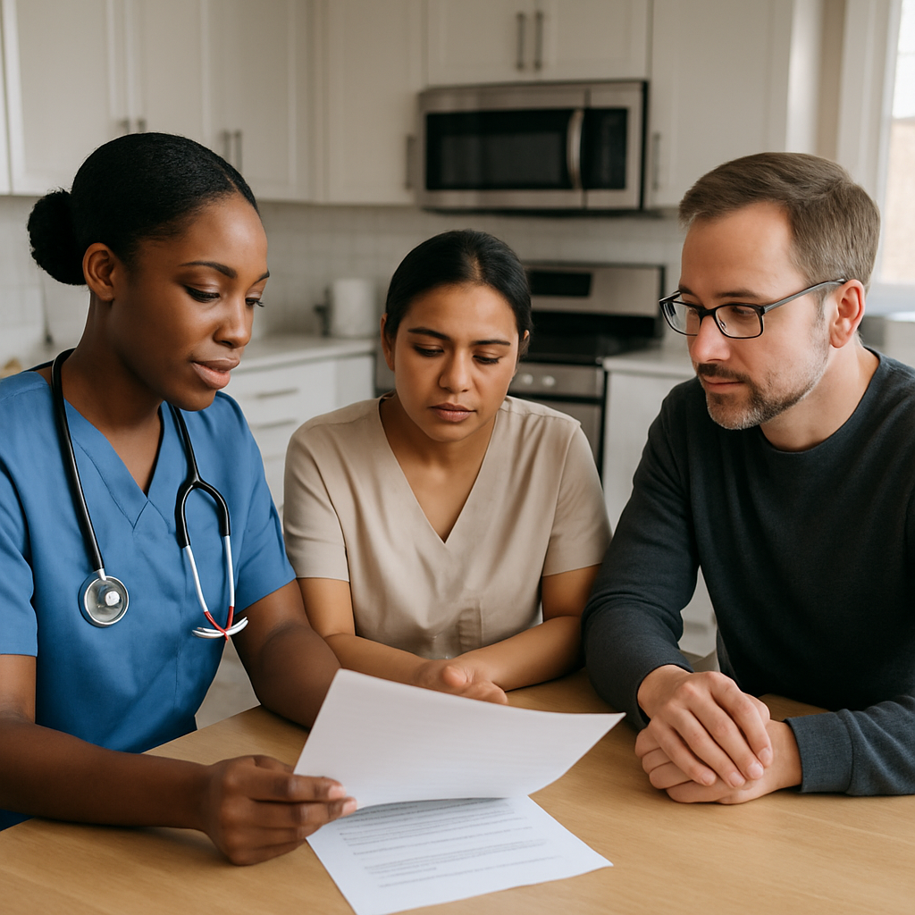 Photo realistic image of a Registered Nurse reviewing a paper care plan with a Personal Support Work