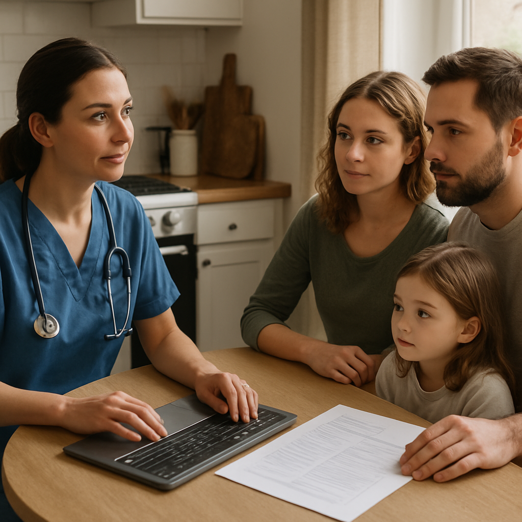 Photo realistic image of a home-based intake: a Registered Nurse sitting at a small kitchen table wi