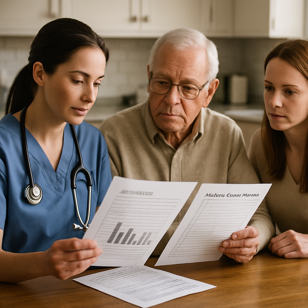 Photo realistic image of a nurse reviewing a printed incident log and infection control checklist at