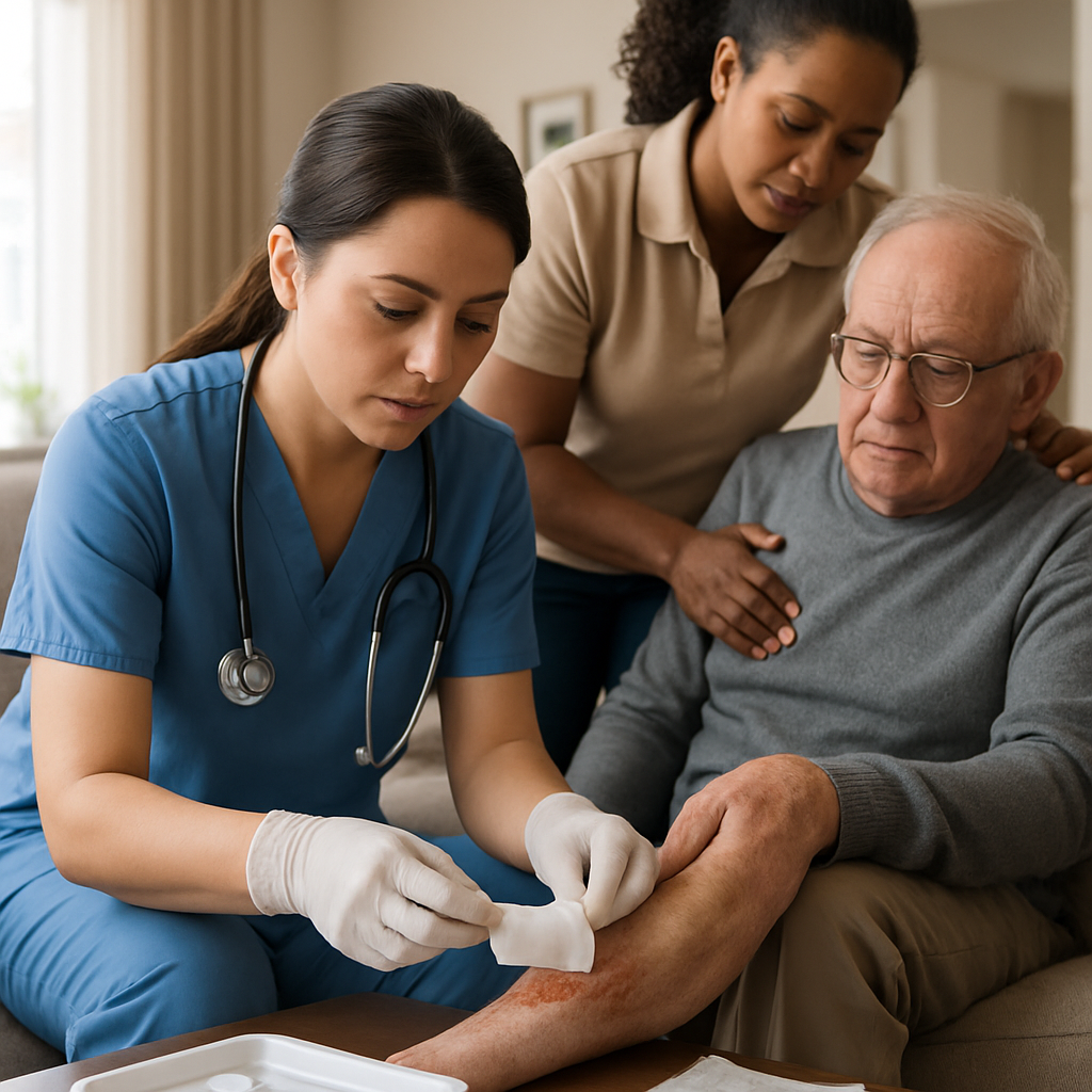 Photo realistic image of a Registered Practical Nurse changing a wound dressing in a well-lit, tidy