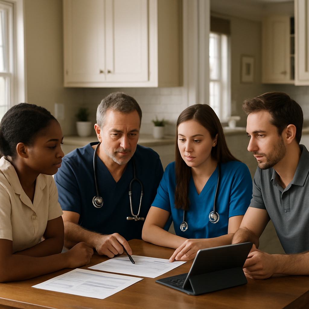 A professional photo realistic image of a small multidisciplinary home care team meeting at a kitche