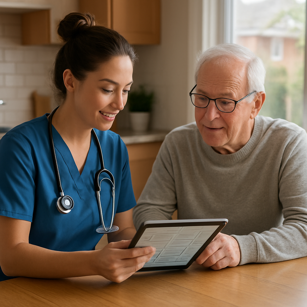 A registered nurse in a suburban Ontario home reviewing a shared care plan on a tablet while speakin