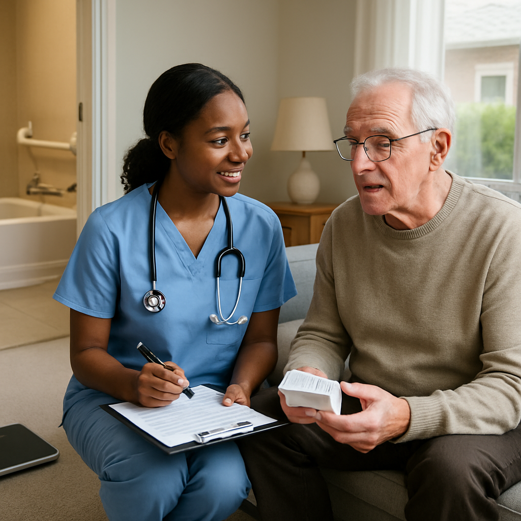 Nurse conducting a home safety assessment checklist with a patient in a tidy suburban home, showing
