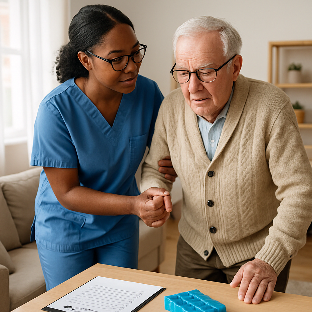 Photo realistic image of a Personal Support Worker assisting an elderly Ontario client with mobility