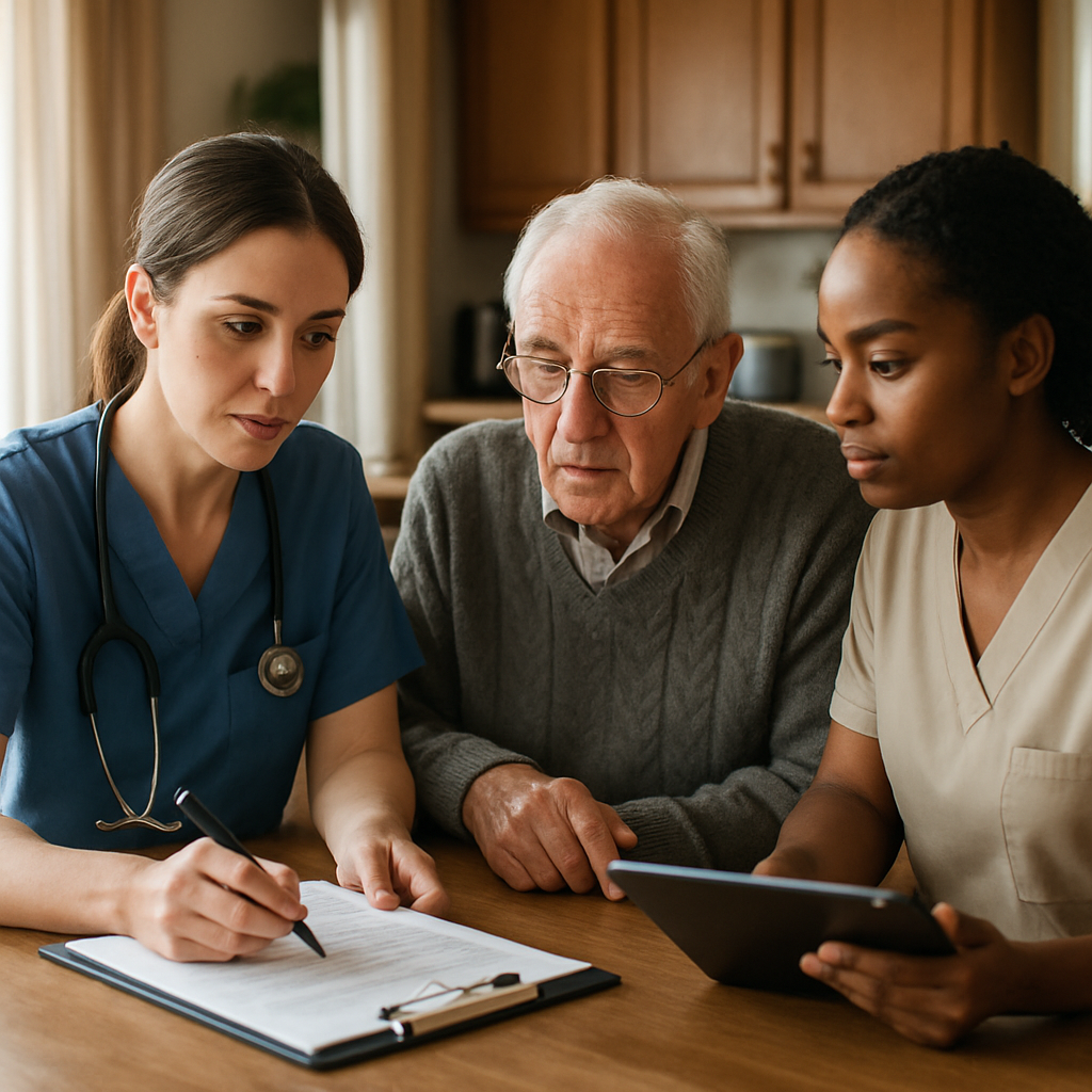 Photo realistic image of an RN reviewing a written care plan at a kitchen table with a senior and a