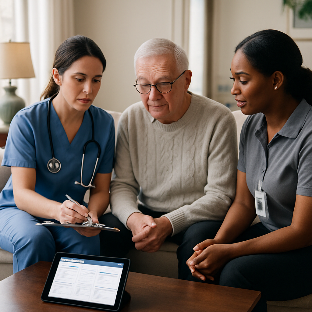 Registered Nurse and Personal Support Worker reviewing an individualized care plan with an older adu