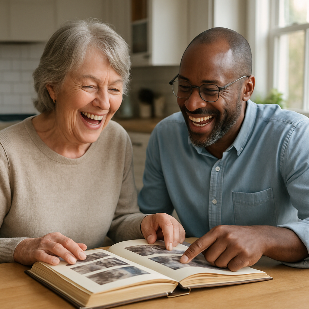 Photo realistic image of an older adult and a companion sitting at a kitchen table laughing while lo