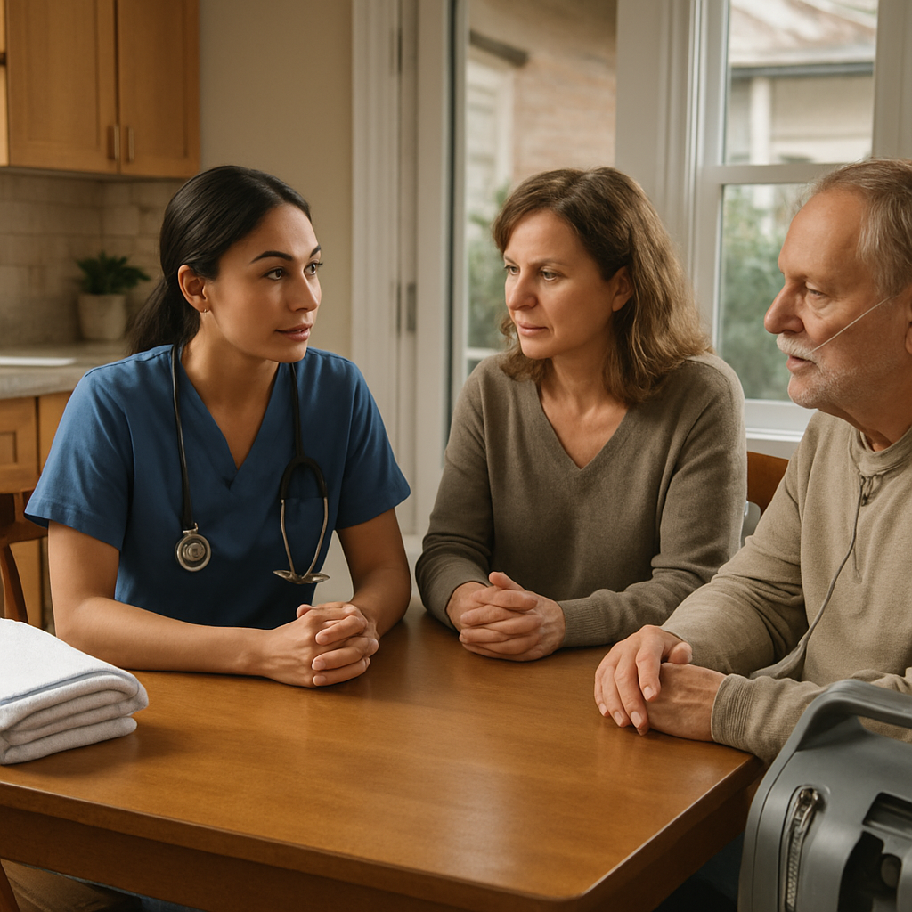 Photo-realistic image of a registered nurse speaking with a middle-aged caregiver and patient at a k