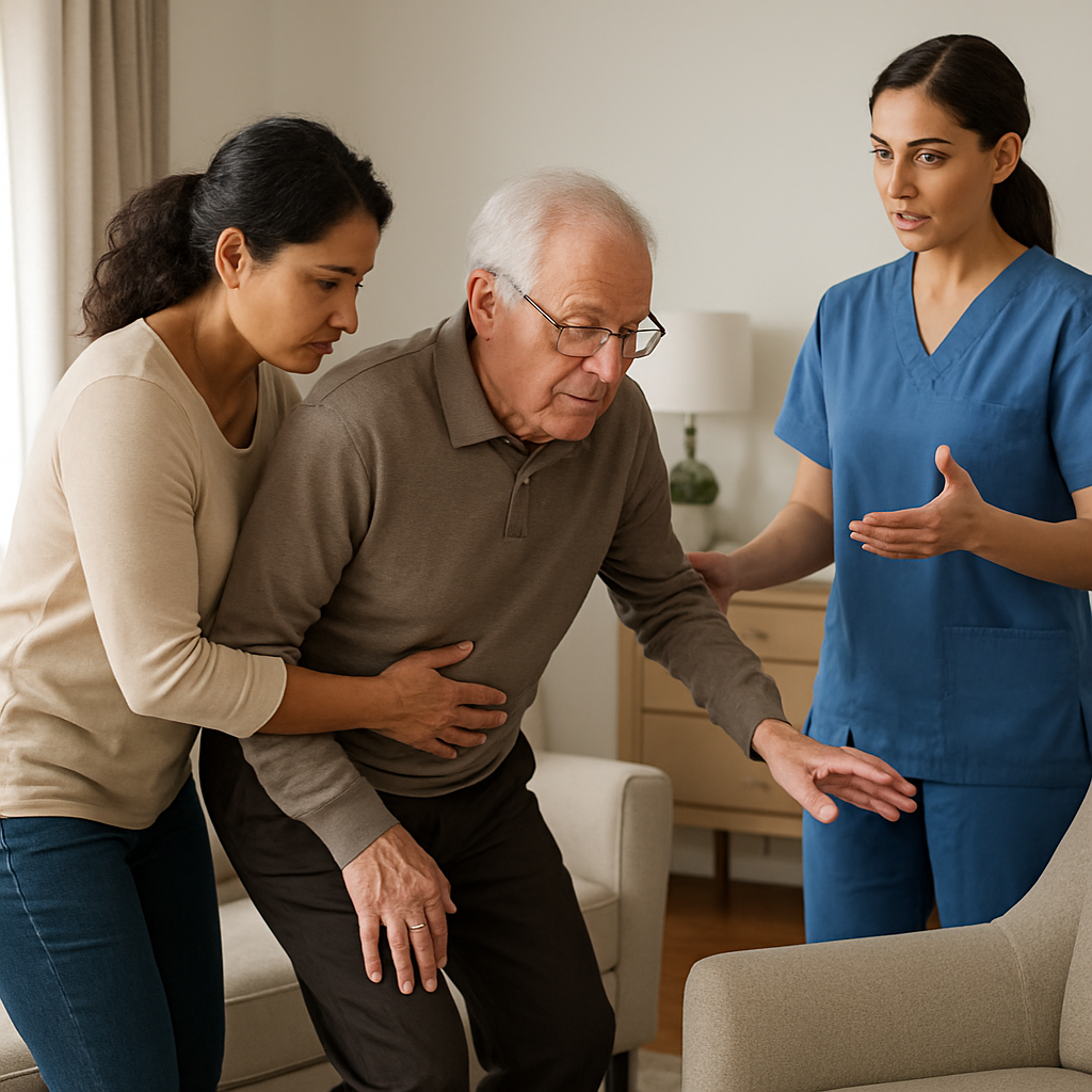 Photo realistic image of a family caregiver assisting an older adult into a chair in a tidy home liv
