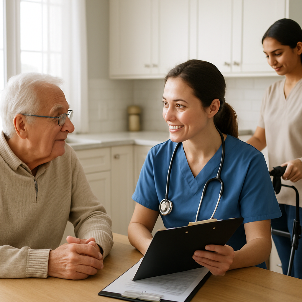 A Registered Nurse and a Personal Support Worker in a clean, well-lit Ontario home speaking with an