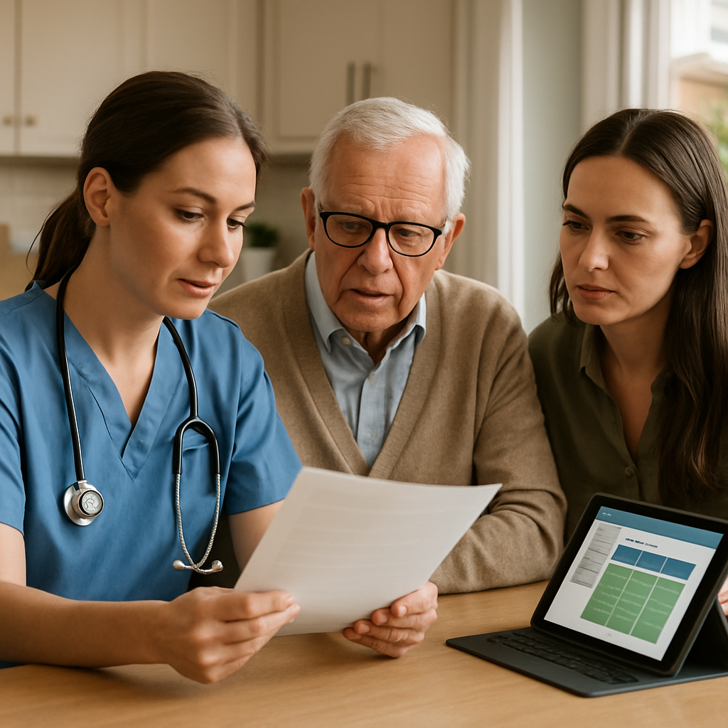 A professional photo of a Registered Nurse reviewing a discharge summary at a kitchen table with an