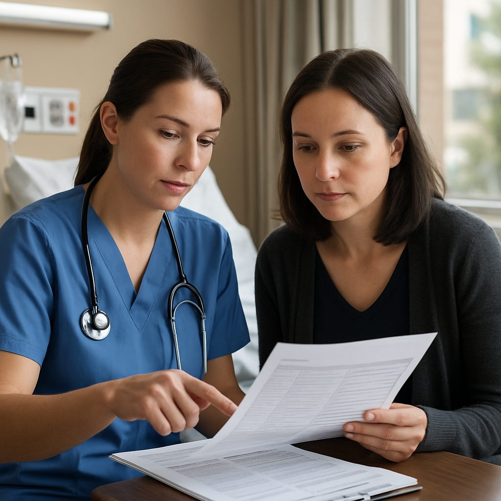 Photo realistic image of a hospital bedside scene: a nurse and family caregiver reviewing a printed