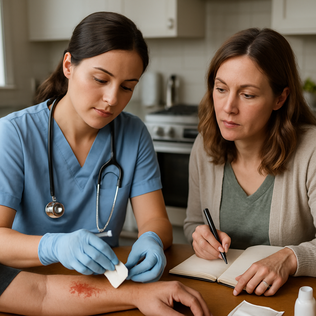 Photo realistic image of a registered nurse changing a wound dressing at a kitchen table while a fam