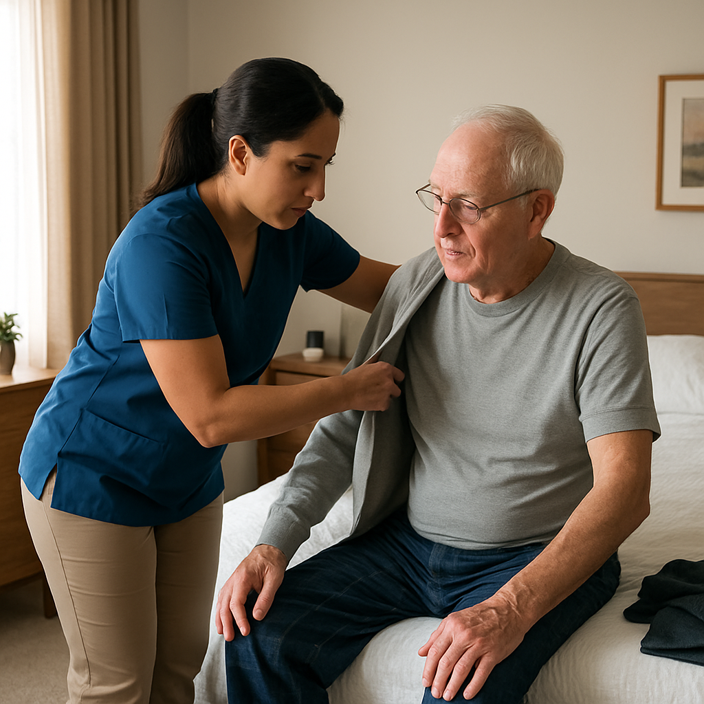 Photo-realistic image of a Personal Support Worker assisting an elderly client with morning dressing