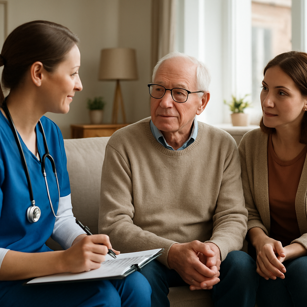 A professional Personal Support Worker in a tidy home setting speaking calmly with an older client a