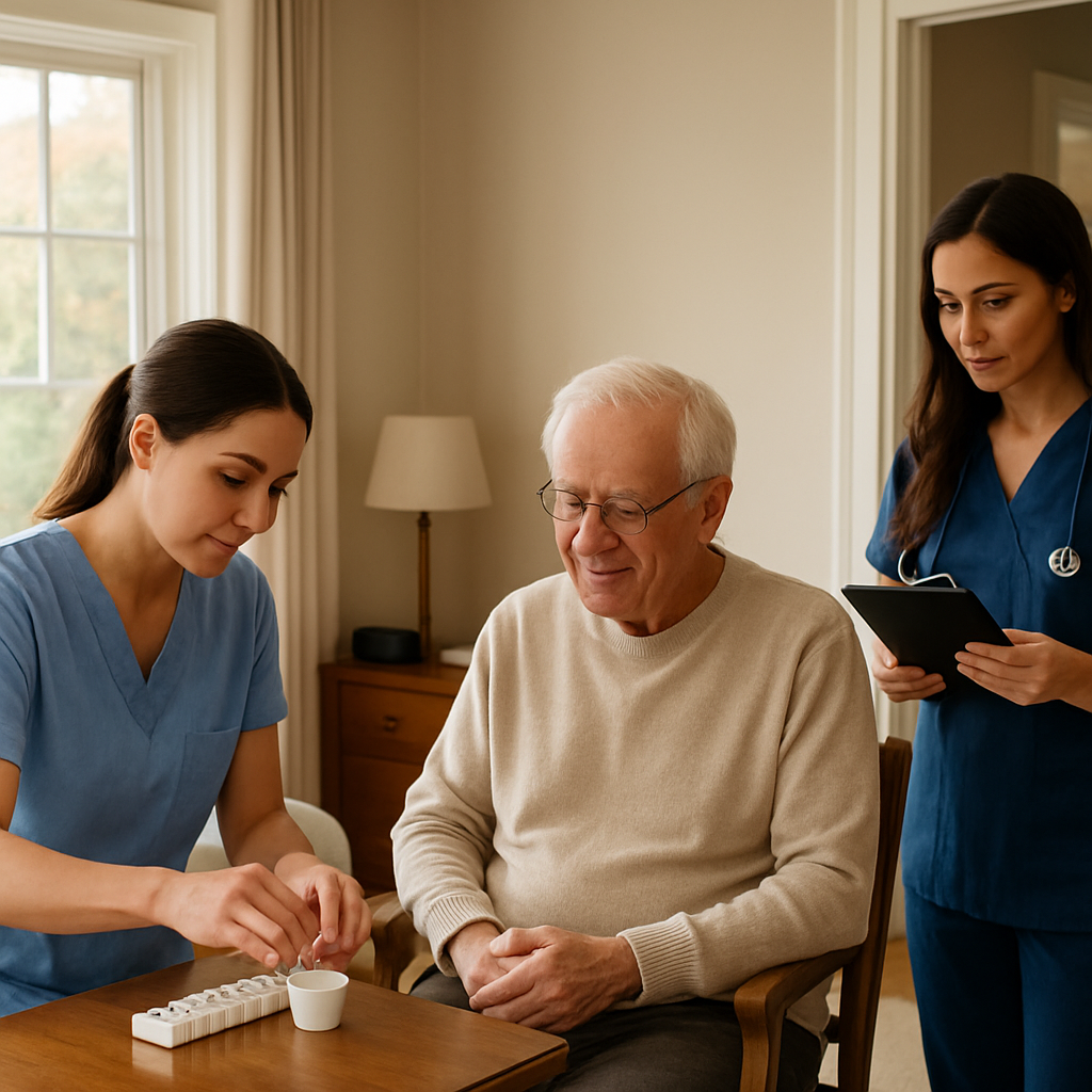 Professional caregiver assisting an elderly person in a well-lit Ontario home setting; caregiver pre