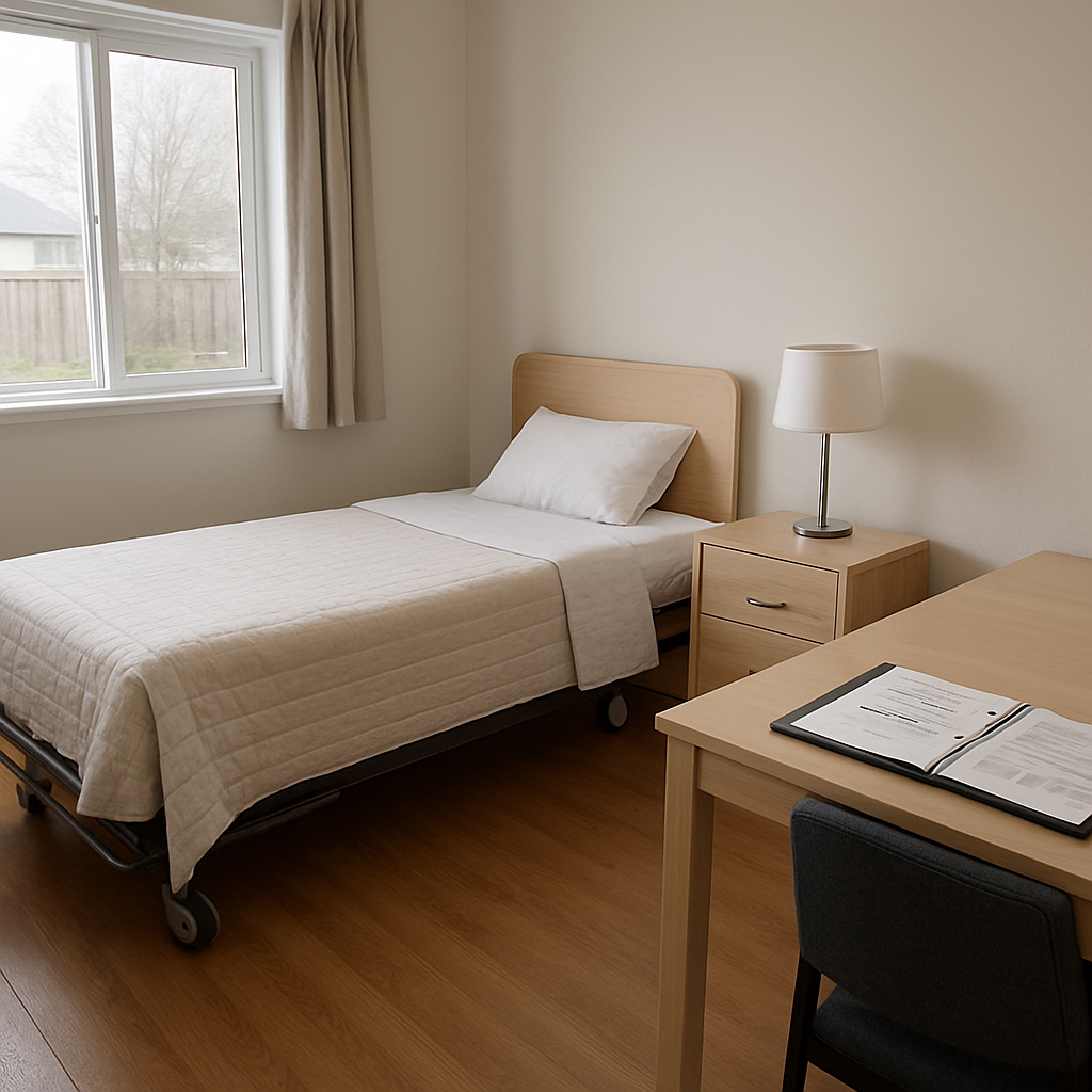 Photo realistic image of a neat private bedroom prepared for a live-in caregiver in a Canadian home
