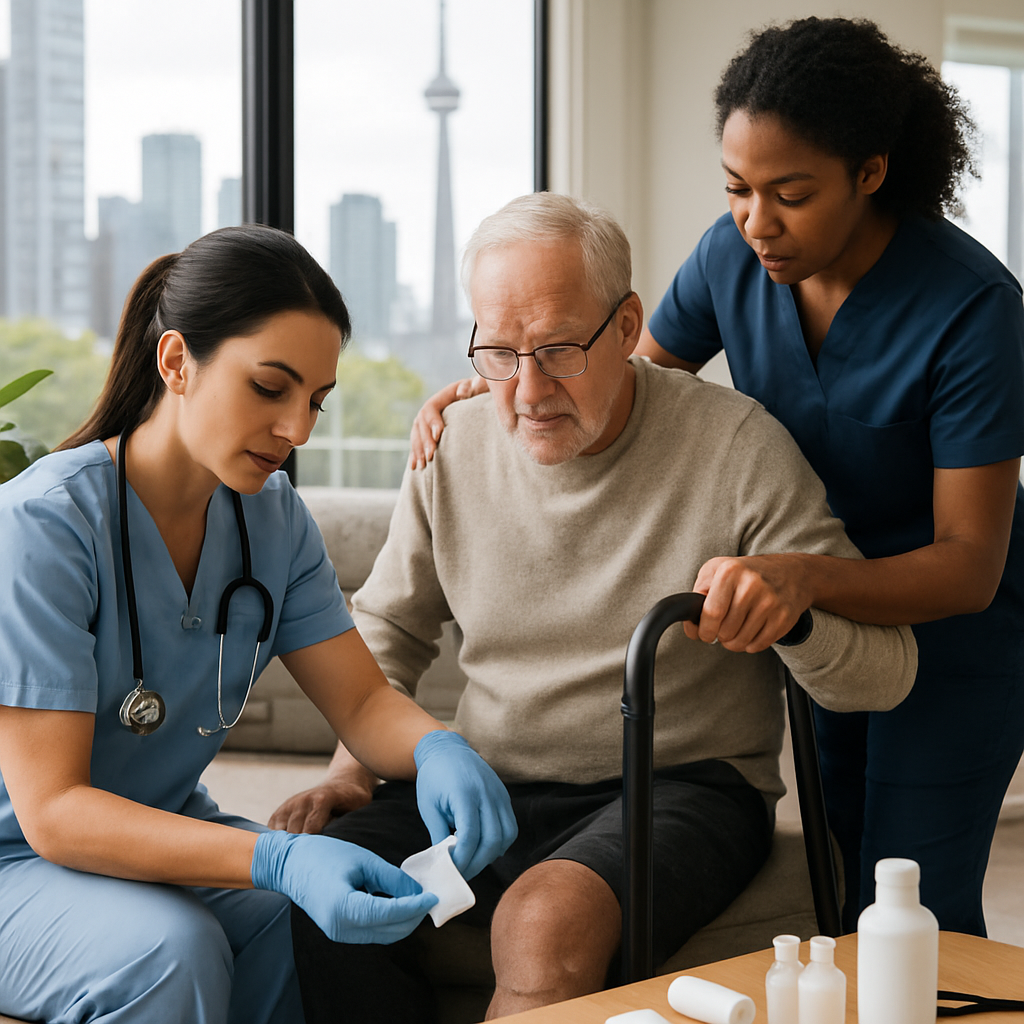 Professional home care nurse and personal support worker assisting an elderly person in a bright Tor