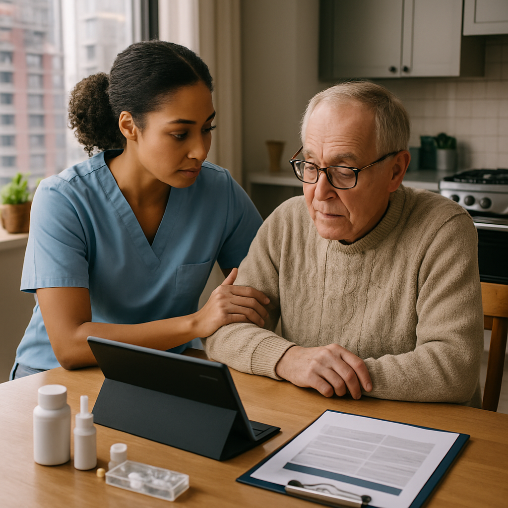 A professional, photo-realistic image of an in-home caregiver assisting an older adult at a kitchen