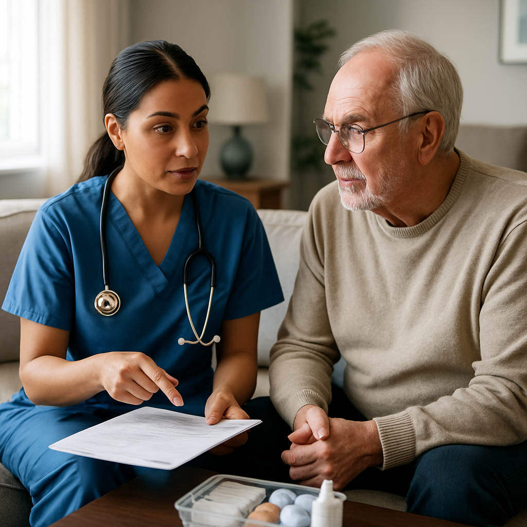 Ontario home health nurse consulting with an older adult in a clean well lit living room, showing me