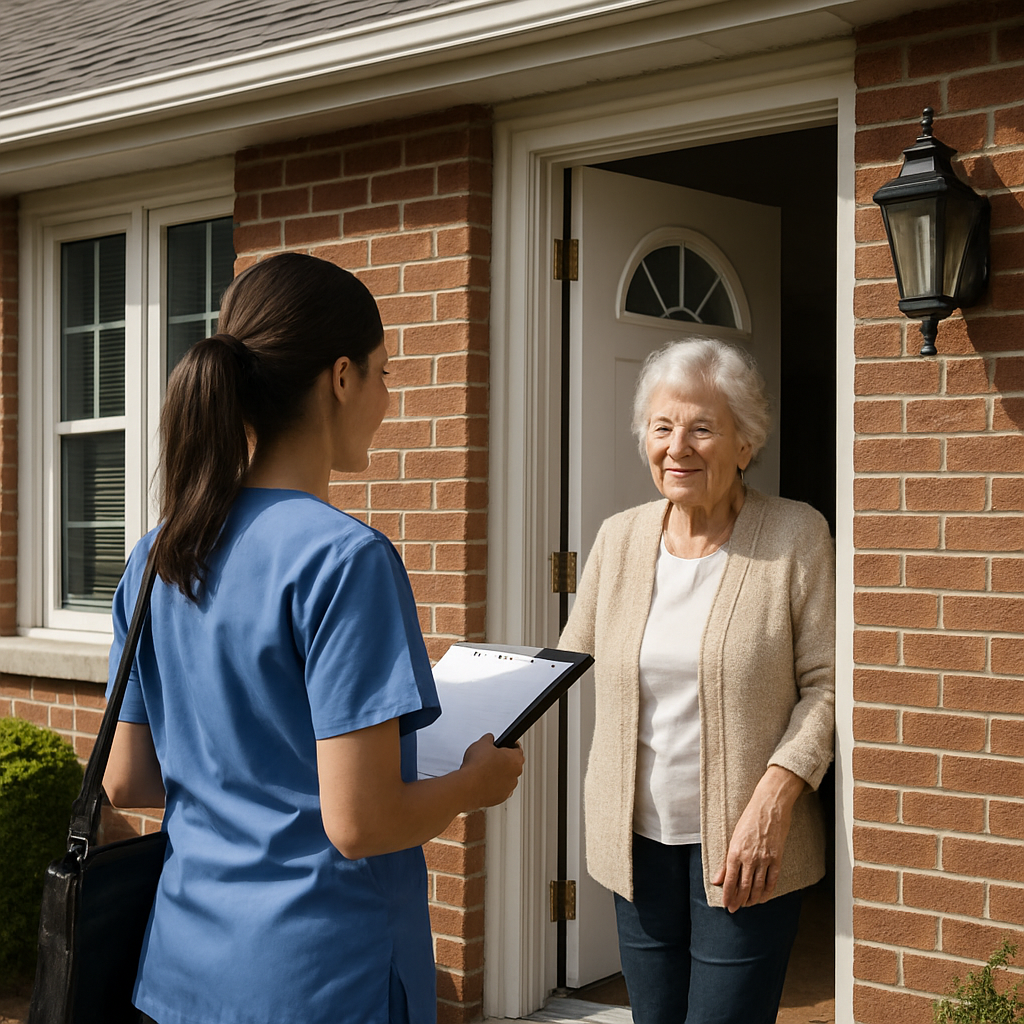 A professional photo-realistic image of an Ontario suburban home with a visiting nurse in uniform sp