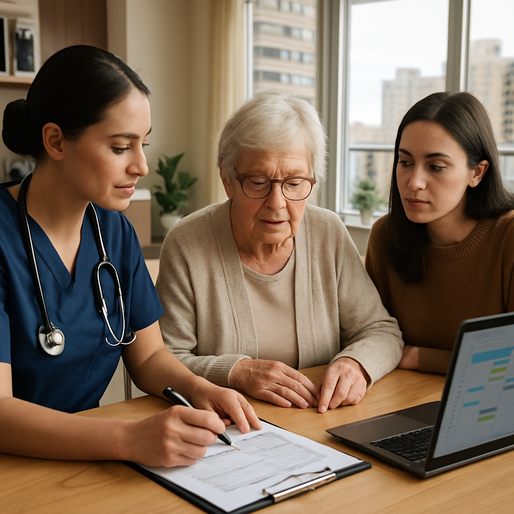 Photo realistic image of an RN reviewing a home care plan at a kitchen table with an elderly client