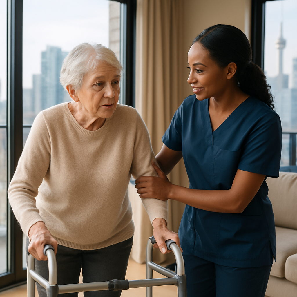 Photorealistic image of a compassionate caregiver from a home care agency assisting a senior woman w