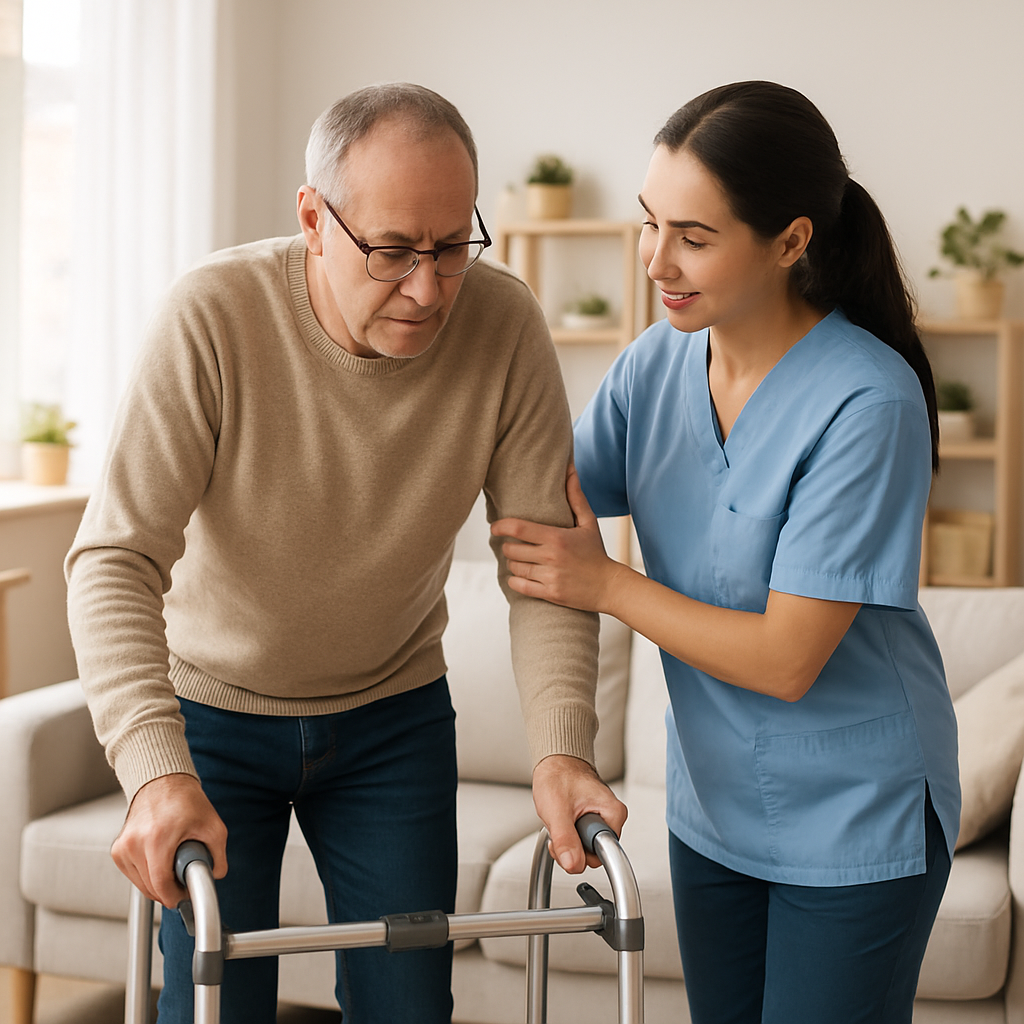 Photo realistic image of a personal support worker assisting an adult with mobility in a bright home