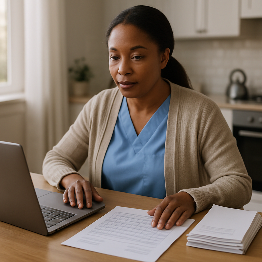 A professional photo-realistic image of a family caregiver at a kitchen table with a laptop, signed
