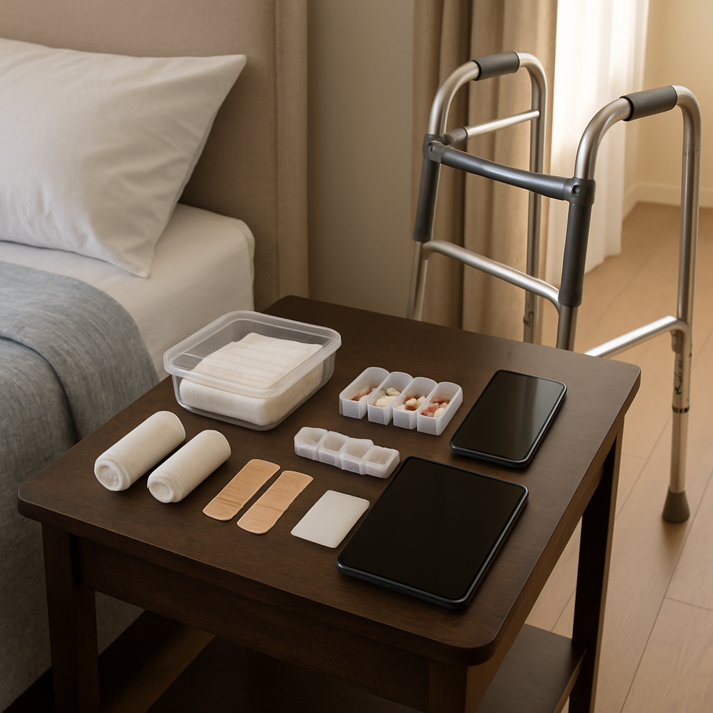 Photo realistic image of a home recovery setup showing a tidy bedside table with labeled wound suppl