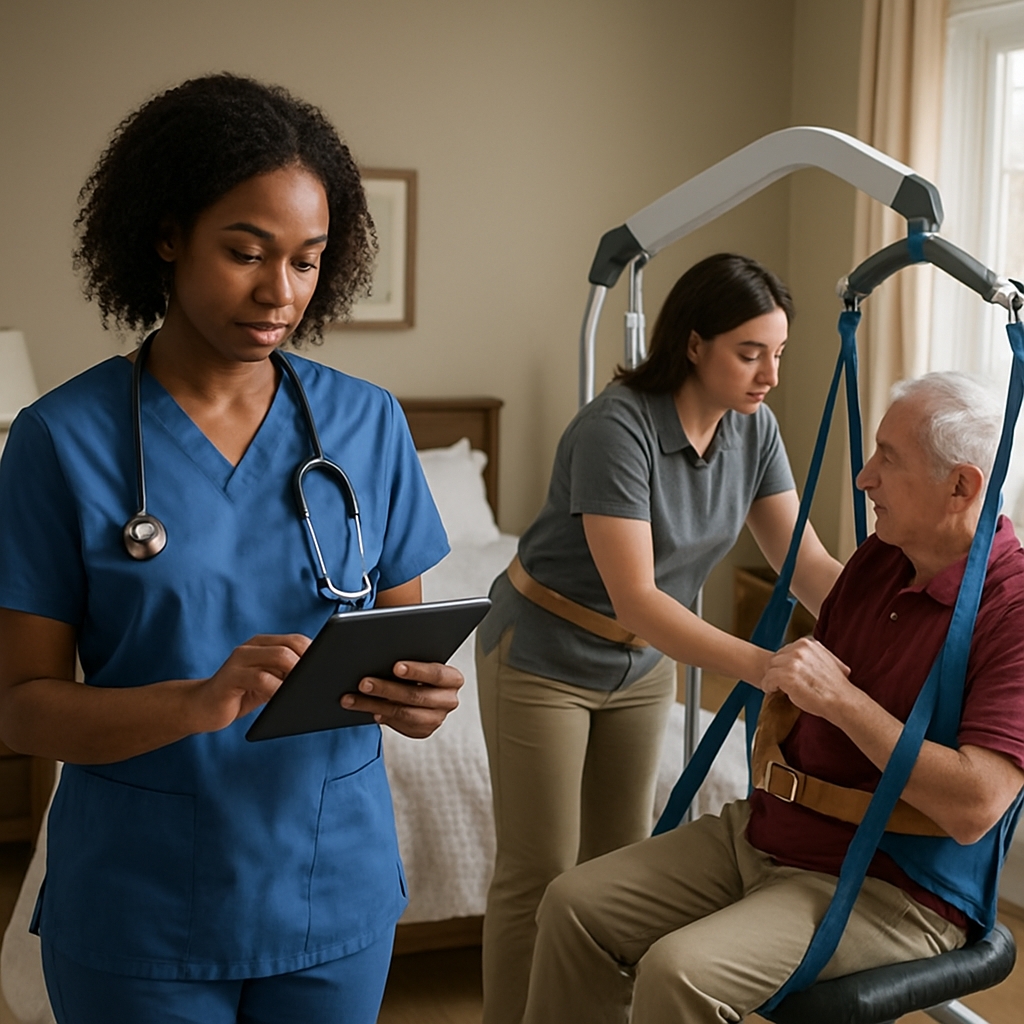 Photo realistic image of a registered nurse reviewing a care plan on a tablet while a live-in caregi