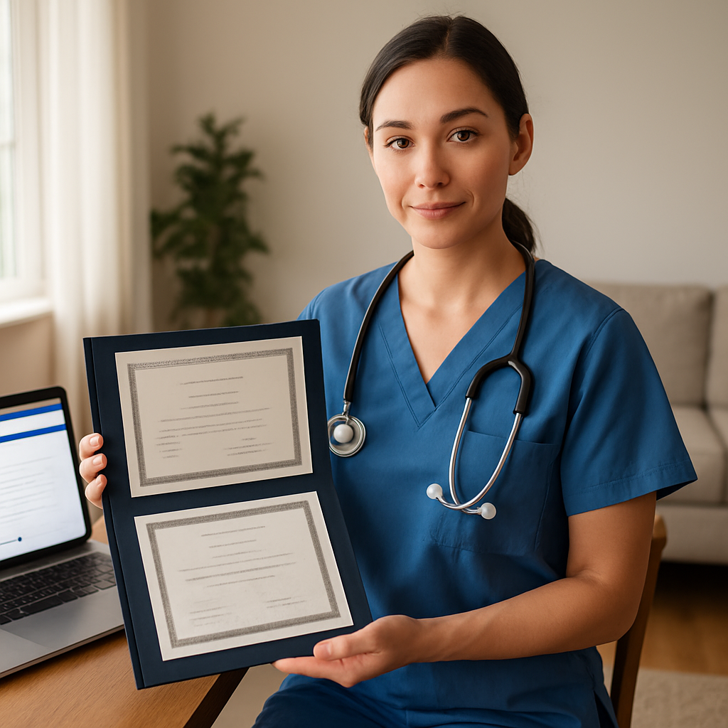Professional nurse showing a folder of credentials and certificates with a laptop open to the Colleg