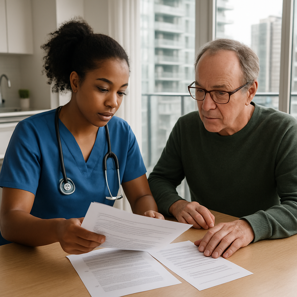 Photo realistic image of a nurse and family caregiver at a kitchen table in a Toronto apartment revi