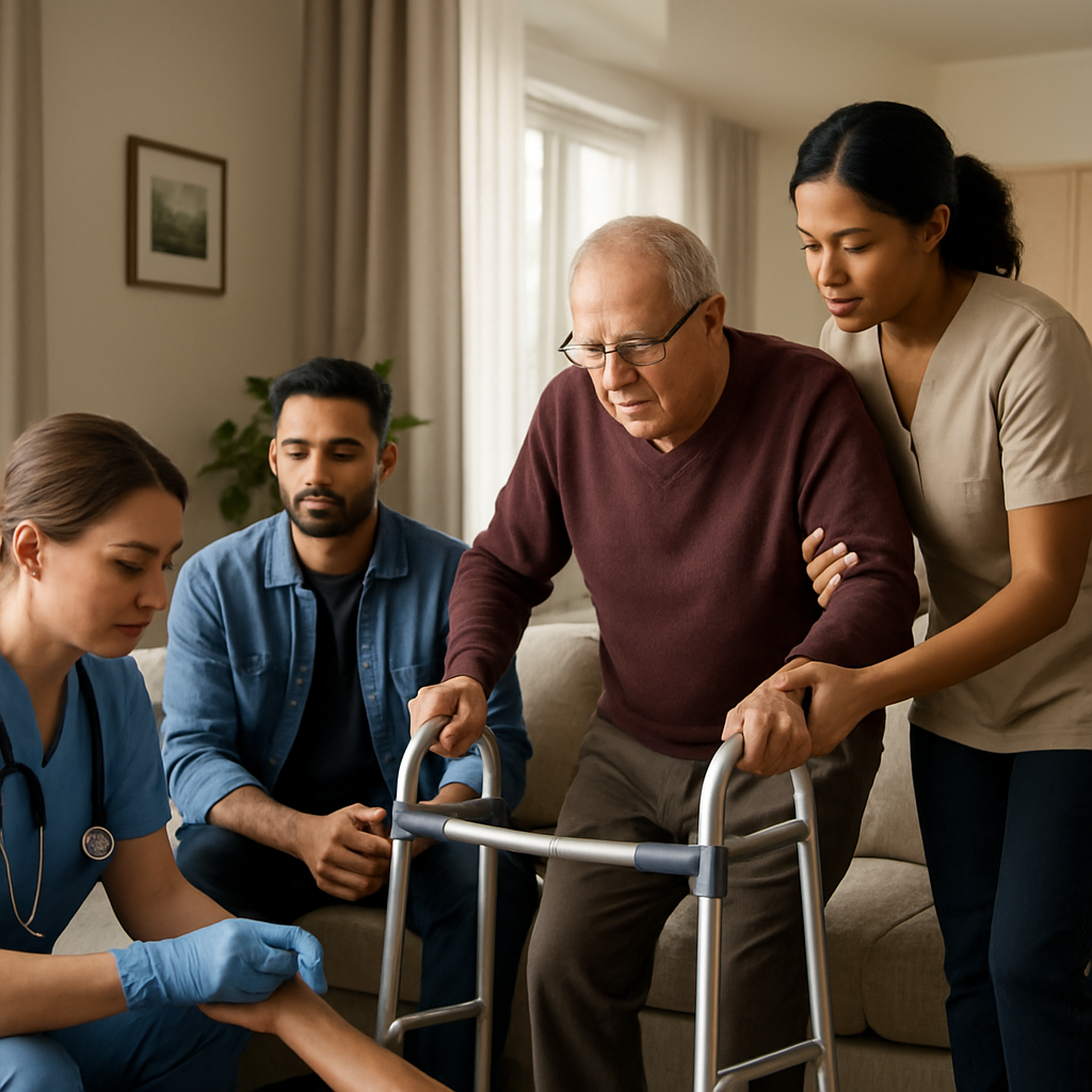 A photo realistic image of a Scarborough home interior showing a Registered Nurse checking a wound w