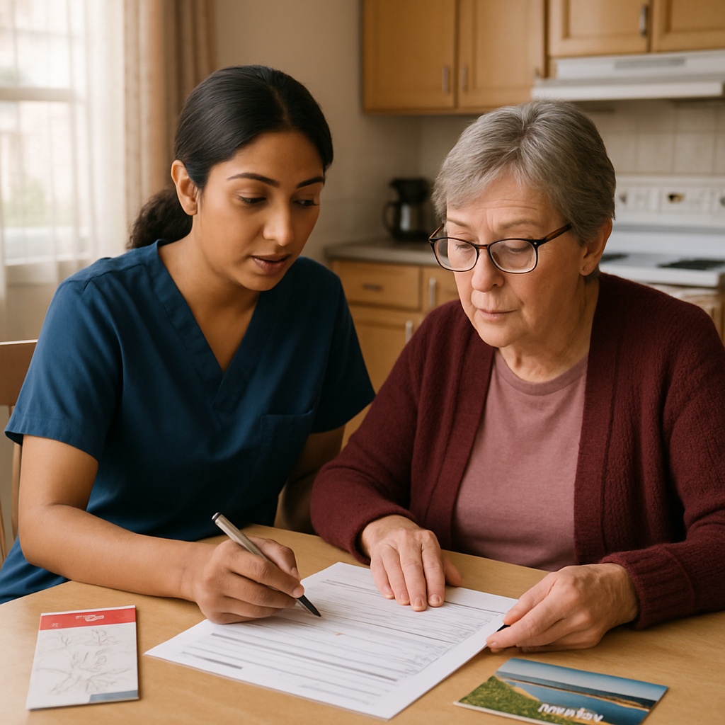 Photo realistic image of a caregiver and an adult family member at a kitchen table in a Scarborough