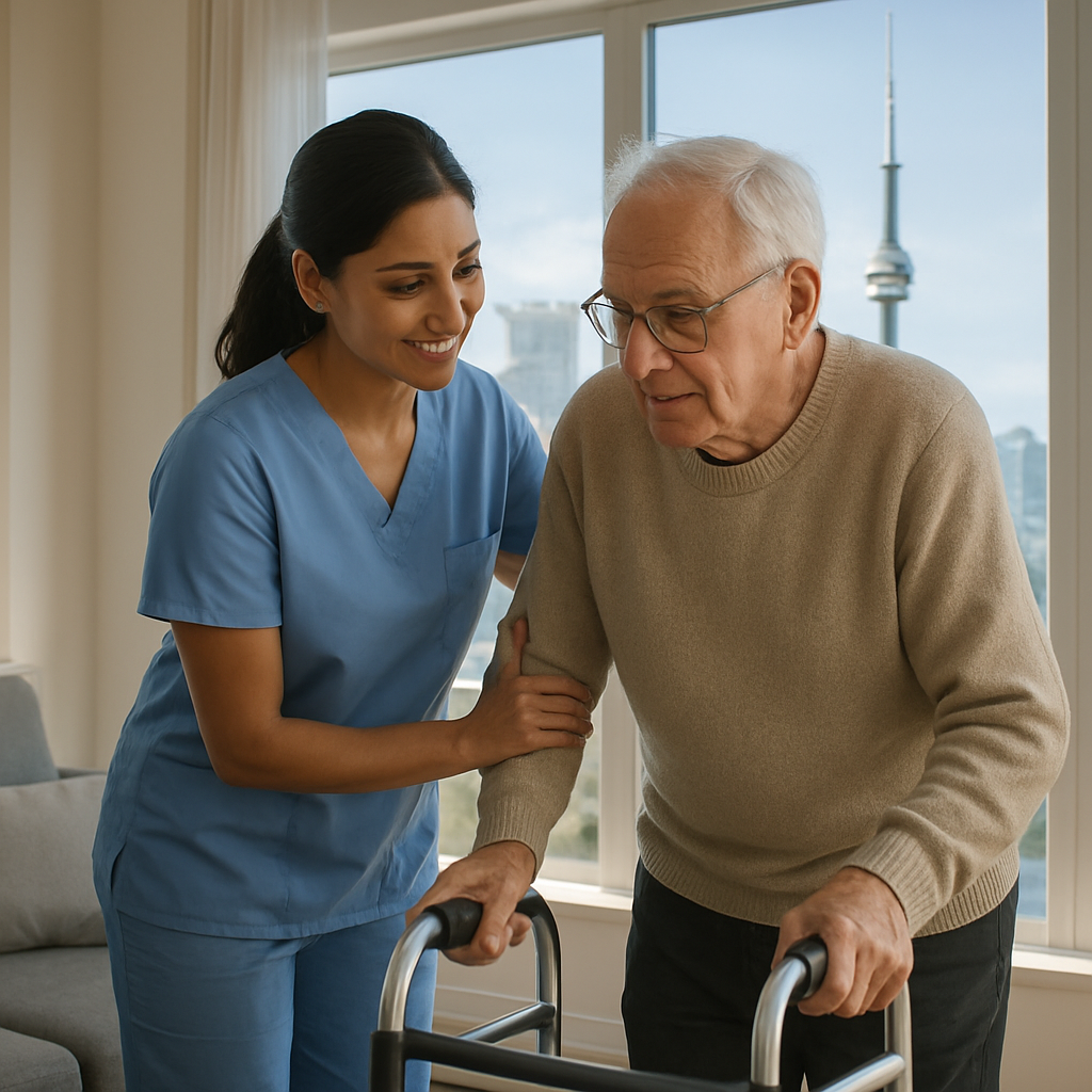Photo realistic image of a Personal Support Worker assisting an elderly person with a mobility aid i