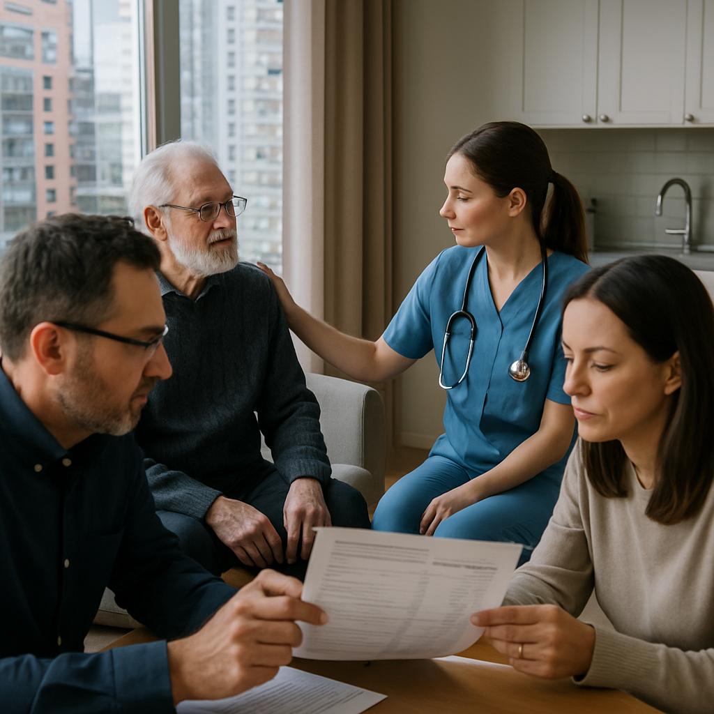 A professional photo-realistic image showing a senior at home receiving a nurse visit while family r