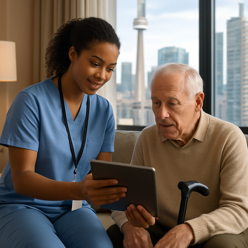 Photorealistic scene of a professional personal support worker assisting an older adult in a Toronto