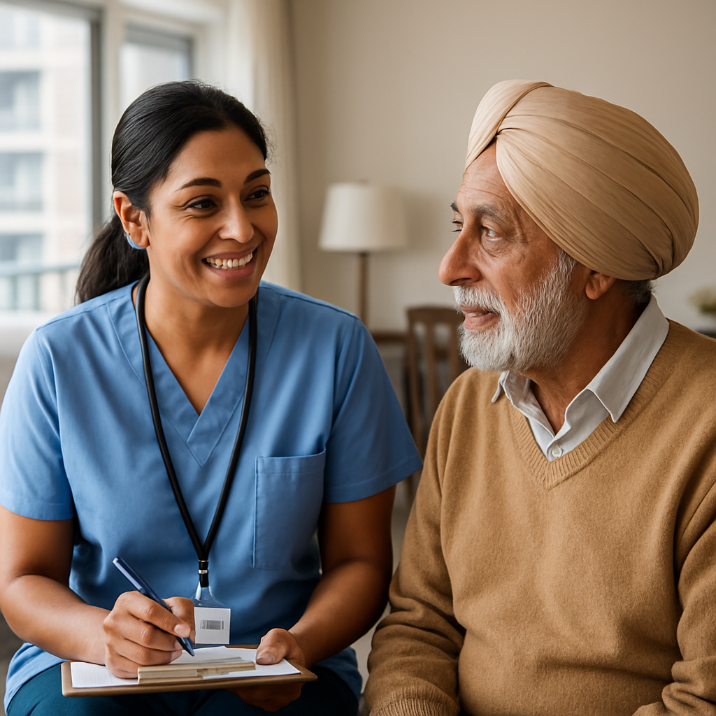 Photorealistic image of a VHA-style caregiver speaking in Punjabi with an elderly Toronto client in