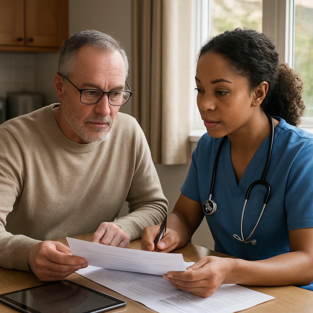 Photo realistic image of a family caregiver at a kitchen table with a nurse reviewing a care plan, t