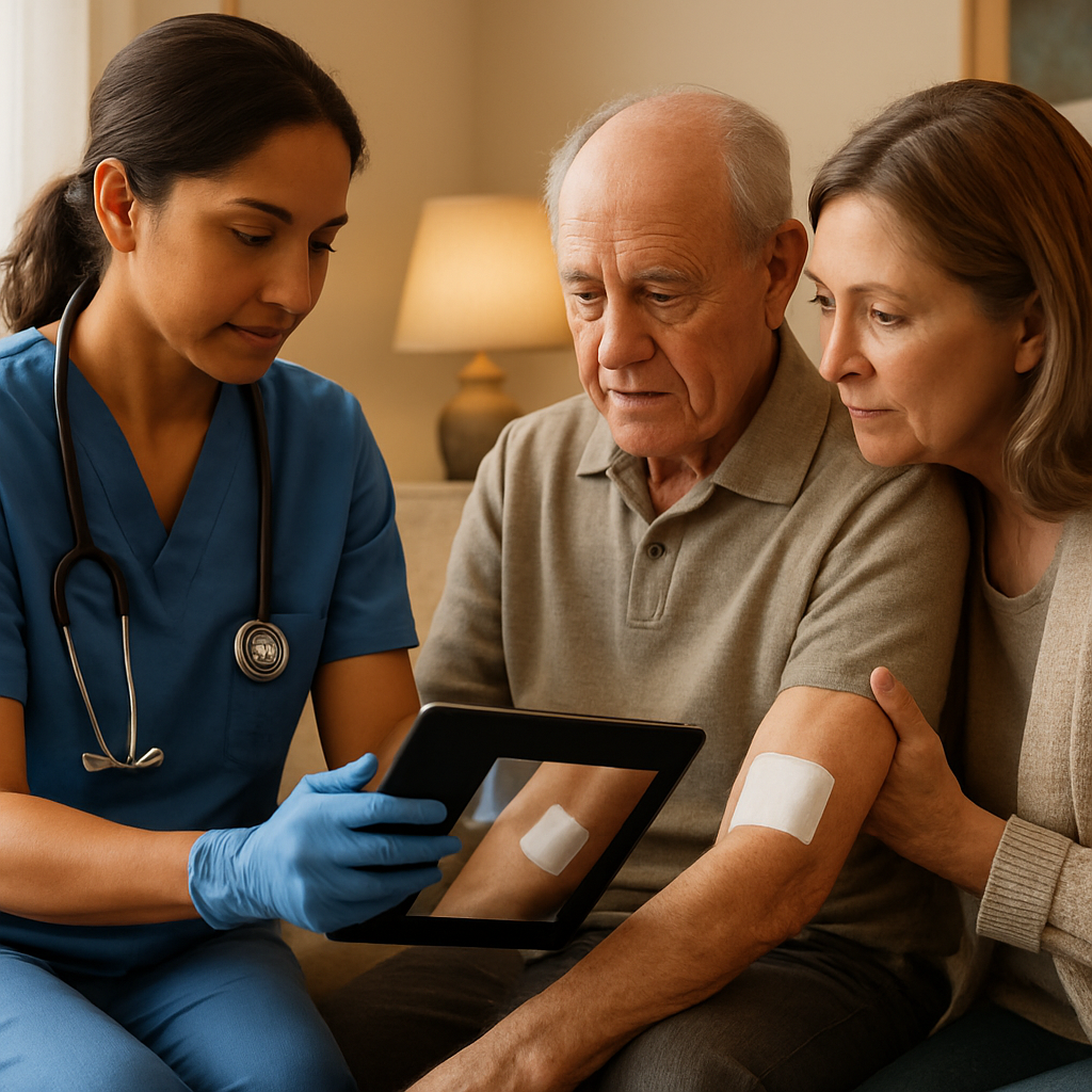 A Registered Nurse doing a home visit with an older adult and a family caregiver, reviewing a wound