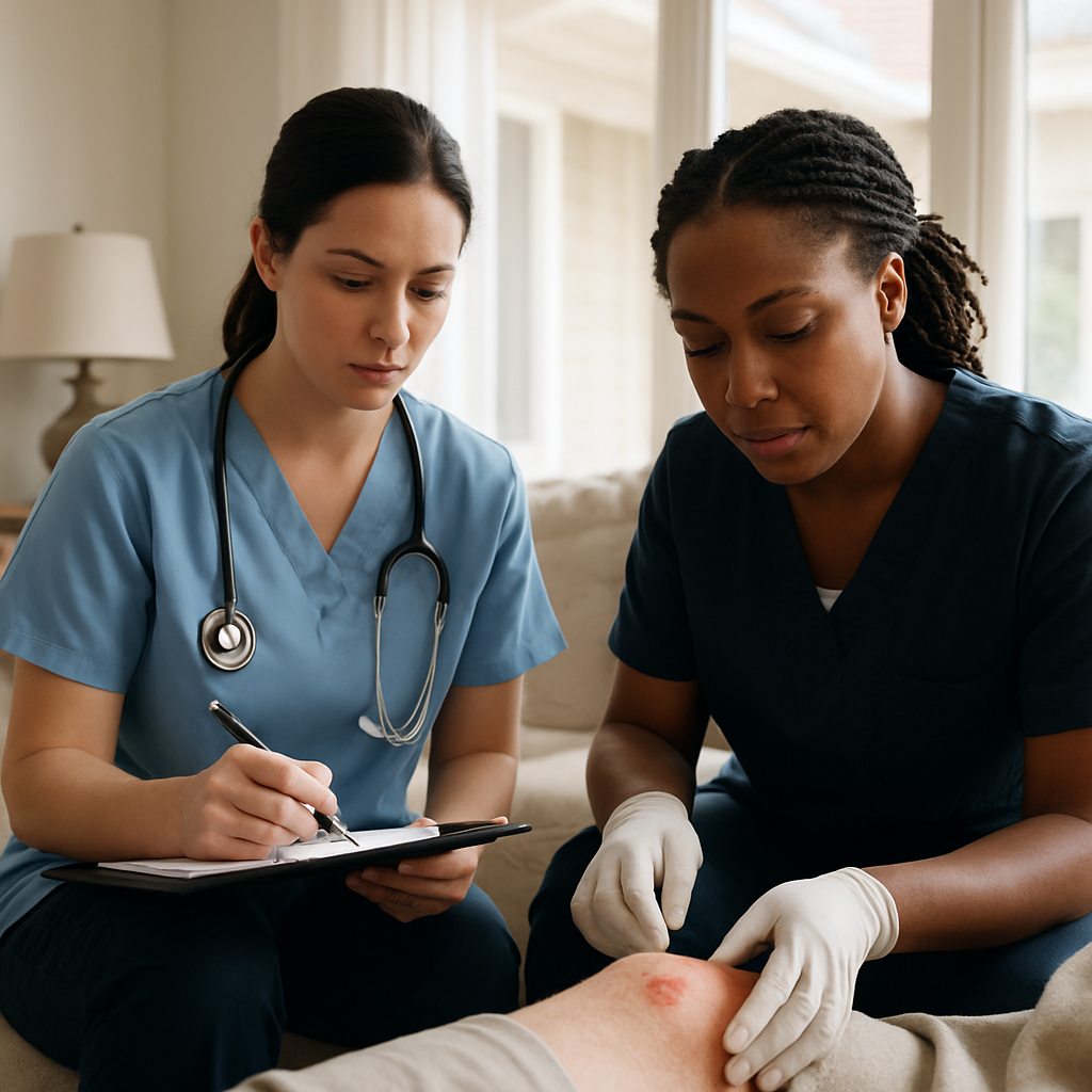 A professional home health nurse and personal support worker checking medication charts and document