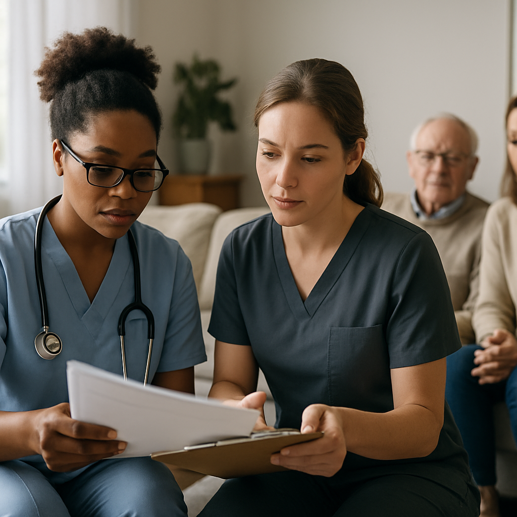 A professional home care nurse and a personal support worker reviewing intake documents in a living