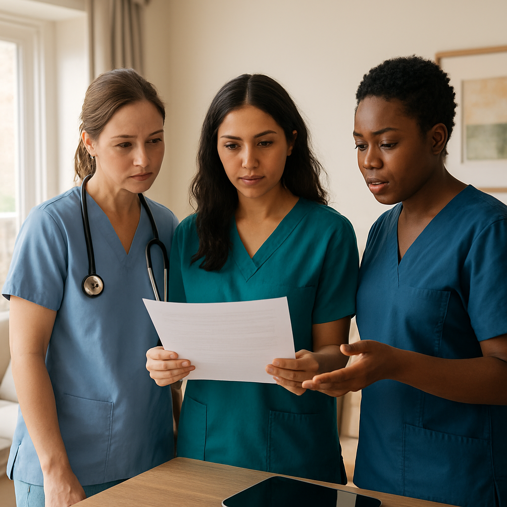 Photo realistic image of an RN, an RPN, and a PSW standing in a client's living room reviewing a pri