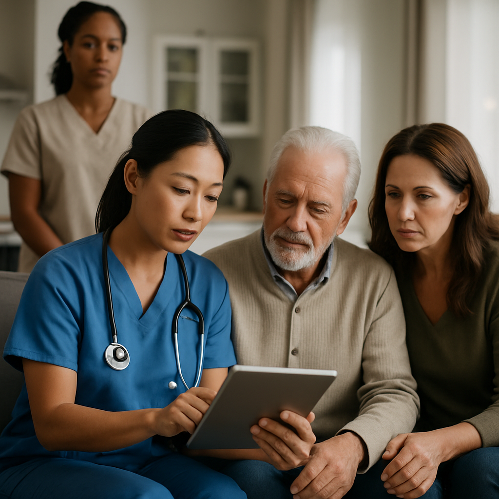 A professional nurse conducting an in-home assessment with a client and family, reviewing a care pla