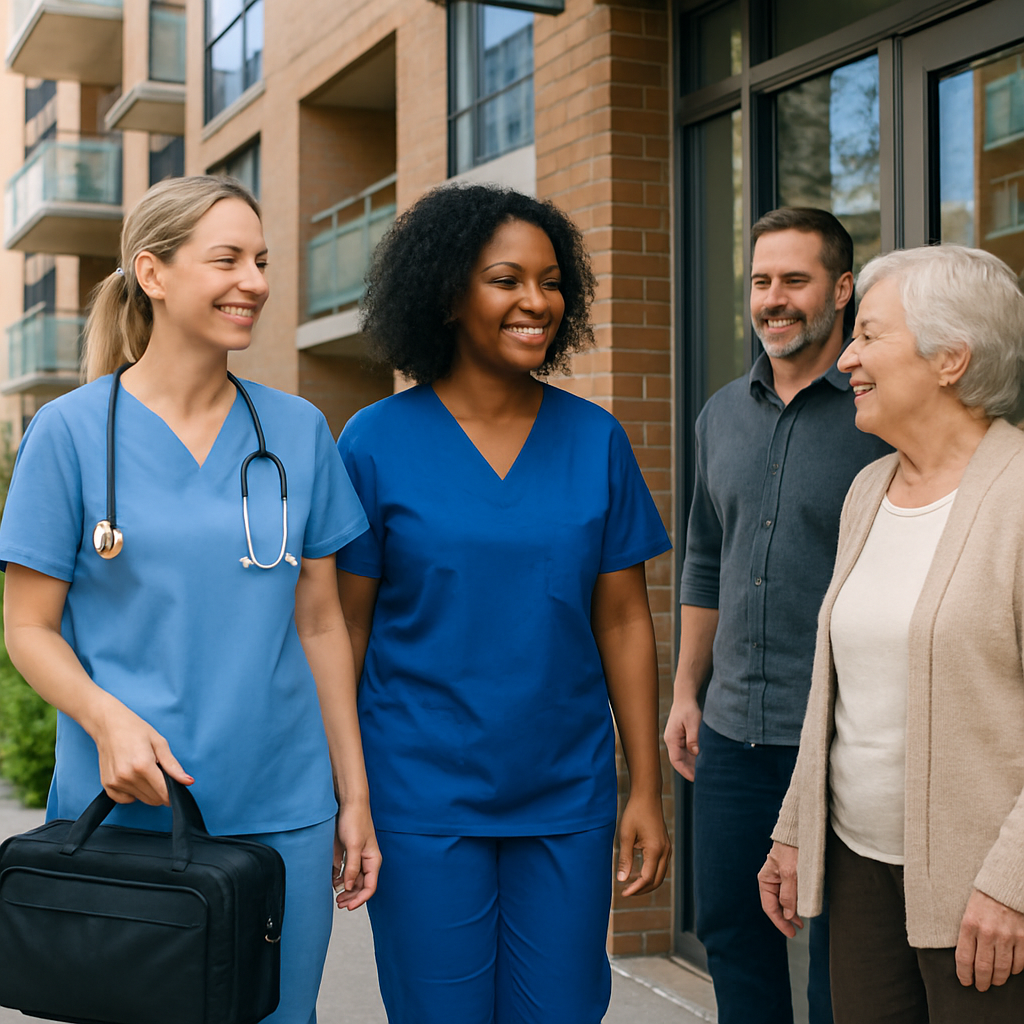 Photo realistic image of a Registered Nurse and a Personal Support Worker arriving at a Toronto apar