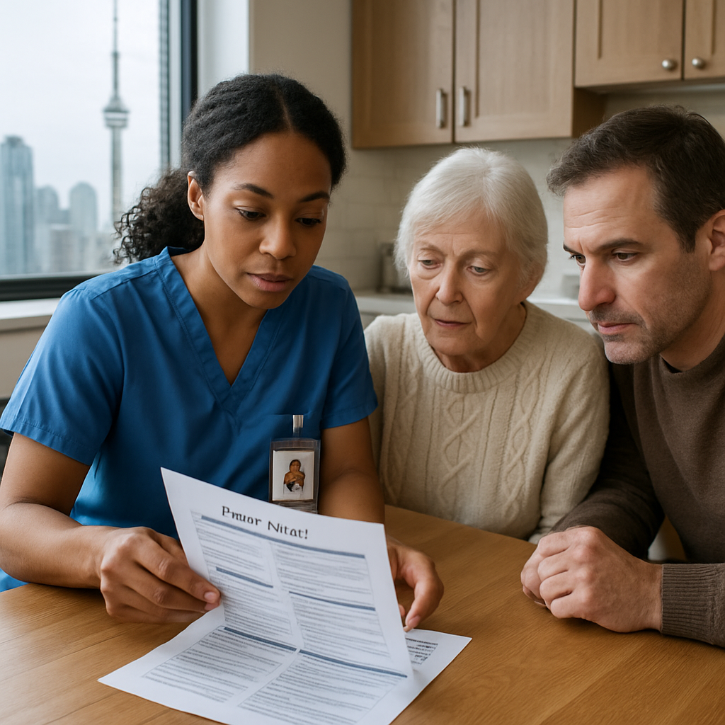 A professional caregiver reviewing a printed sample care plan at a kitchen table with family members