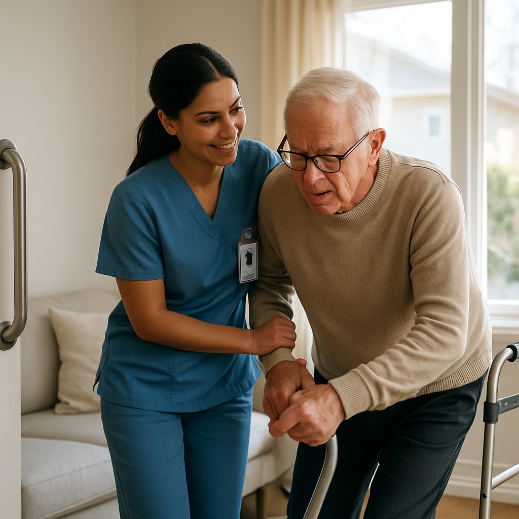 Photo realistic image of an Ontario home: a professional caregiver (PSW) assisting an older adult wi