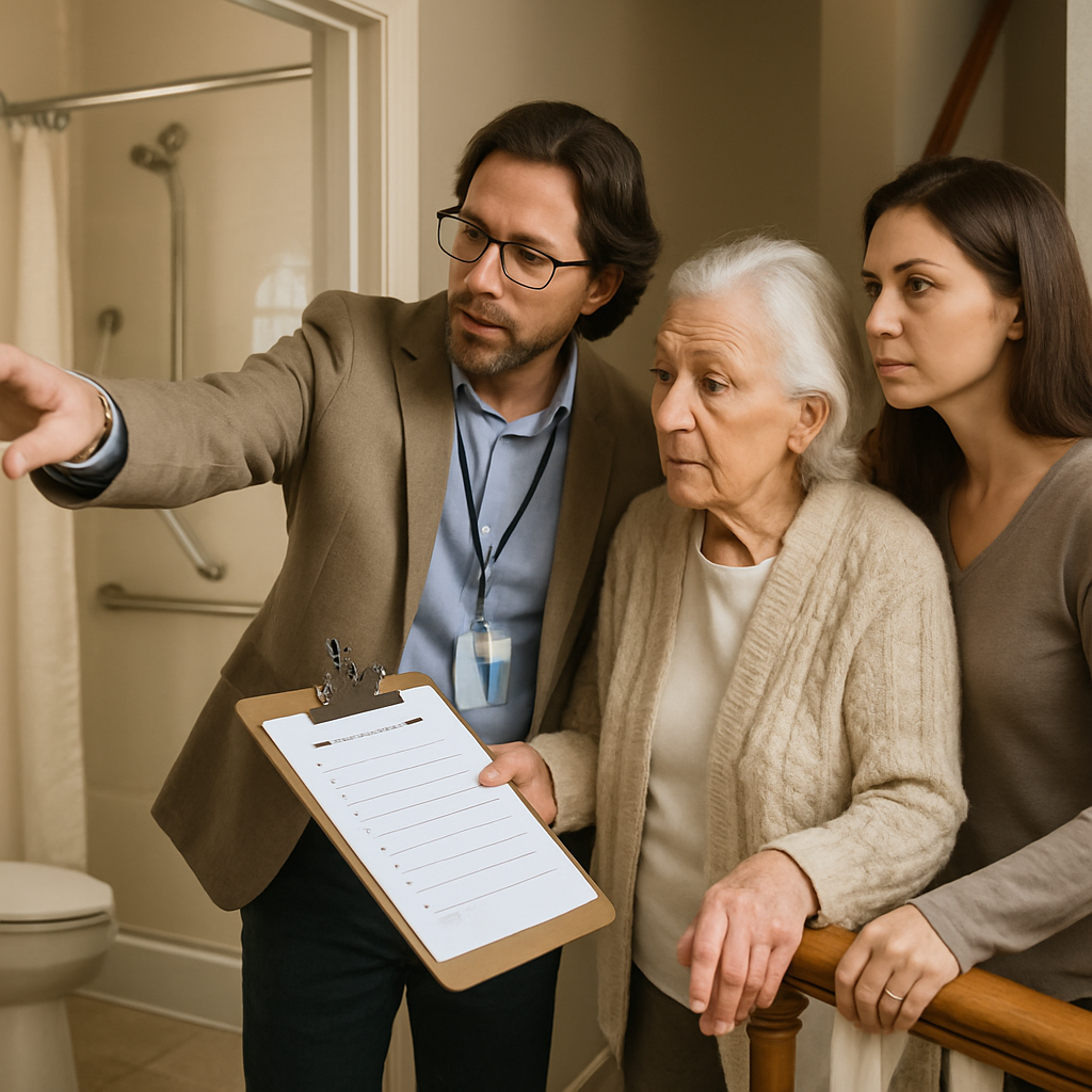 Occupational therapist performing a home safety audit with an elderly person and an adult child, poi